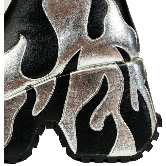 Women’s Synthetic Black Side Zipper High Heeled Flames Printing Chunky Sole Boot - Picture 6 of 6